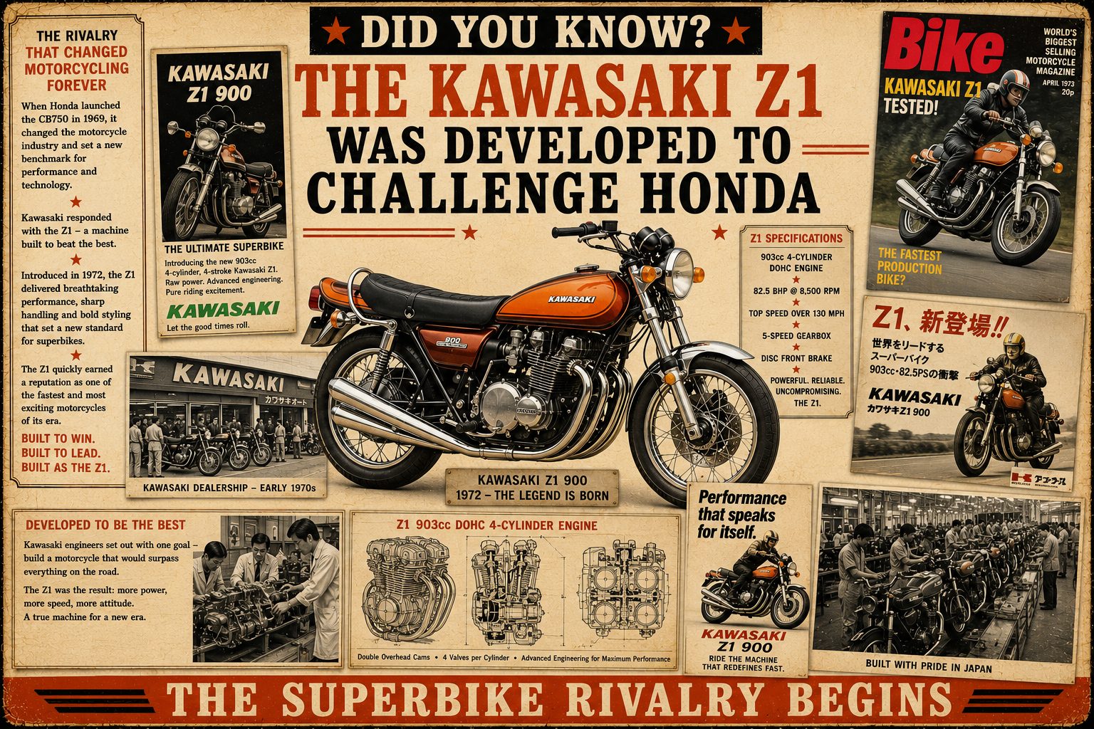 Did you know the Kawasaki Z1 was developed to challenge Honda's dominance?