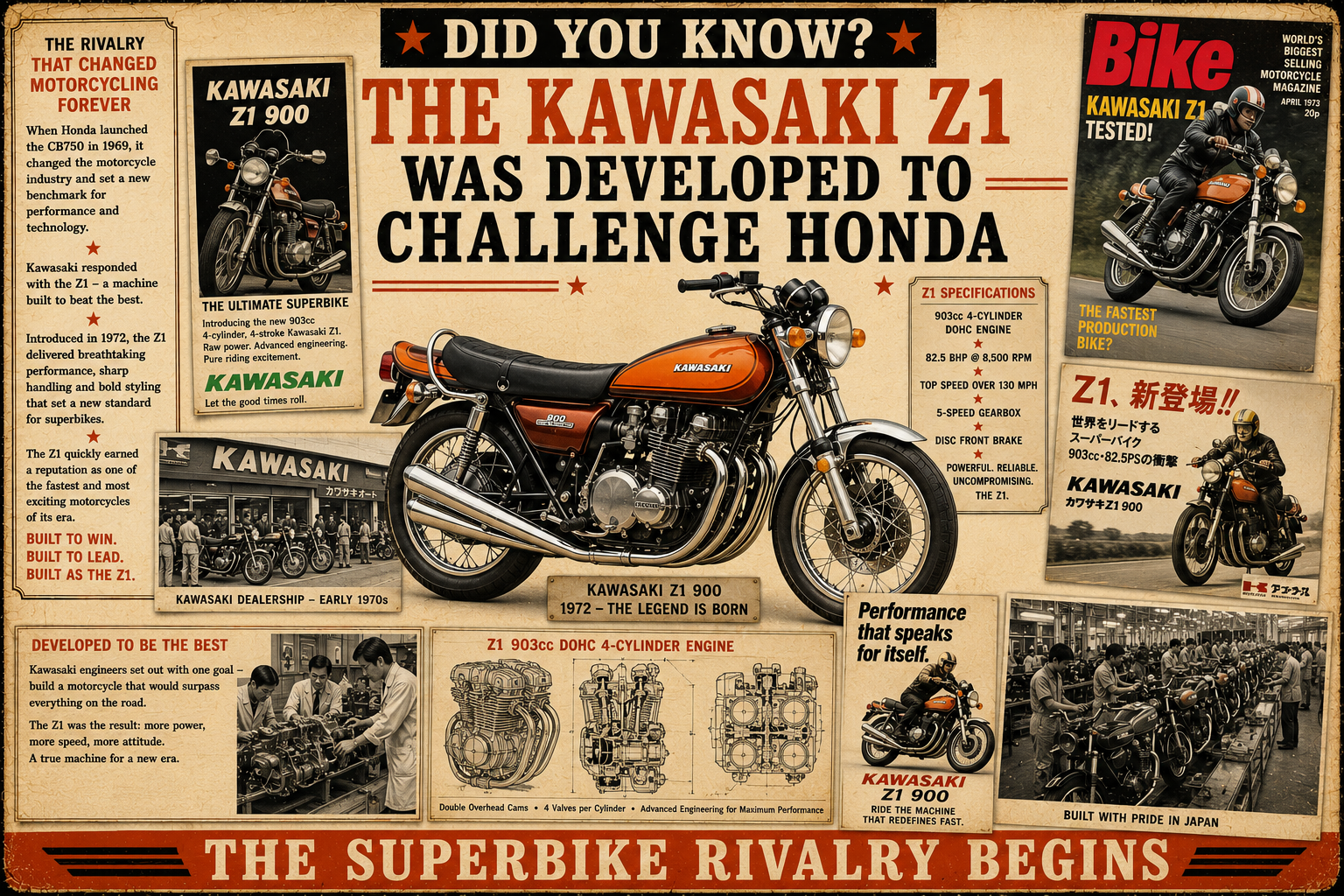 Did you know the Kawasaki Z1 was developed to challenge Honda's dominance?
