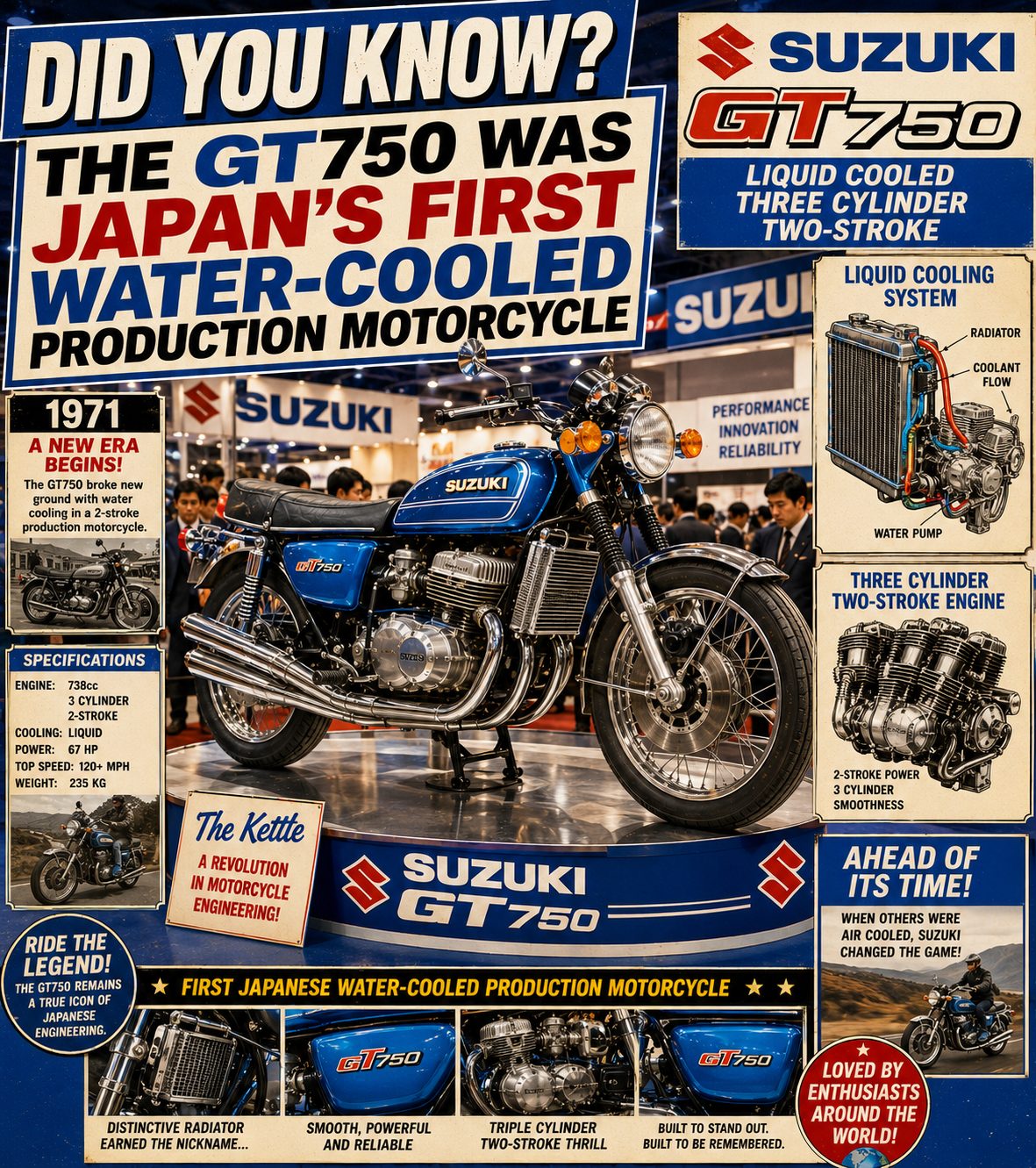 Did you know the Suzuki GT750 was the first Japanese water-cooled production motorcycle?