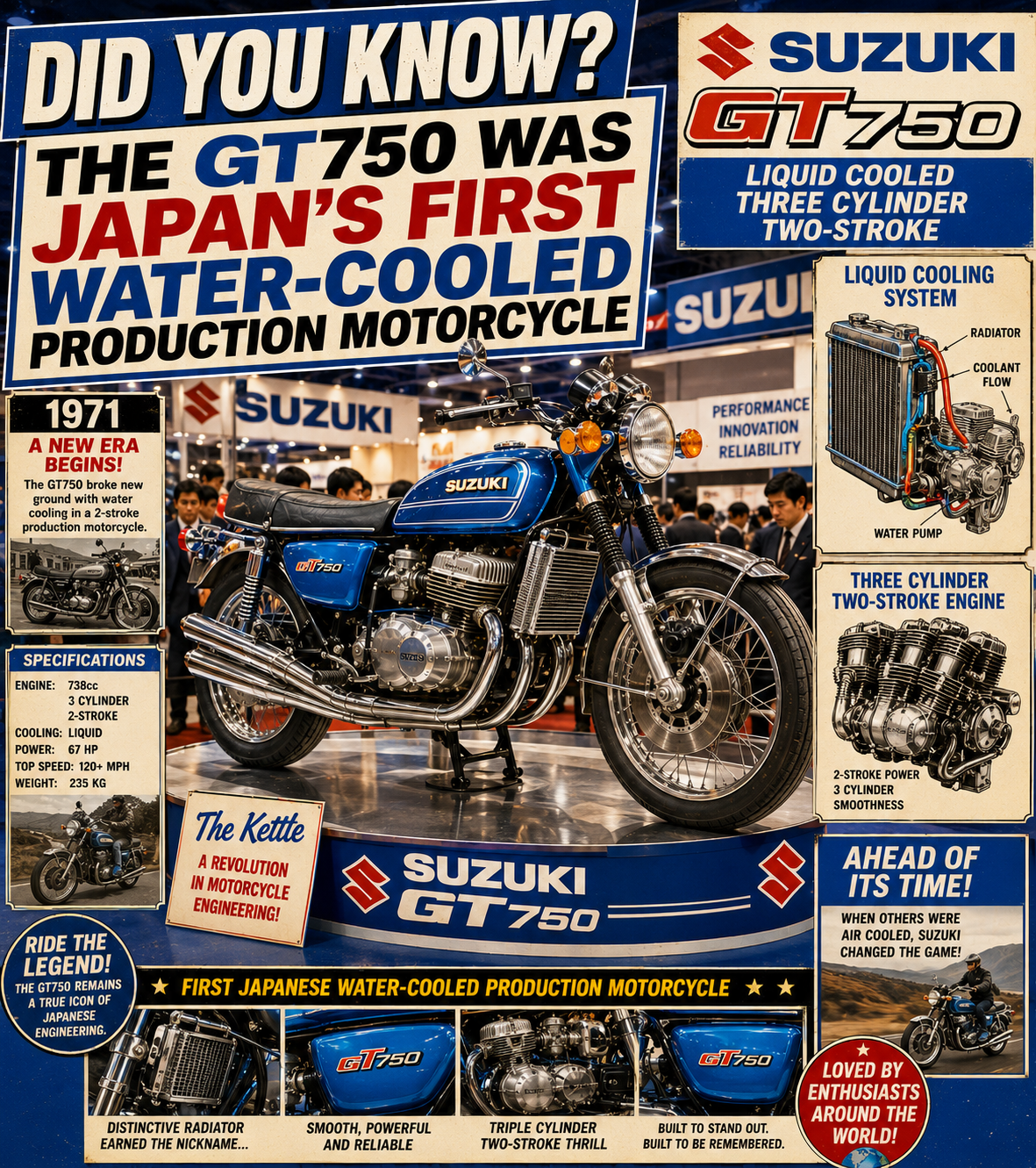Did you know the Suzuki GT750 was the first Japanese water-cooled production motorcycle?