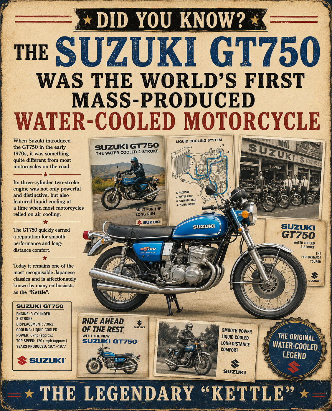 Did you know the Suzuki GT750 was the world's first mass-produced water-cooled motorcycle