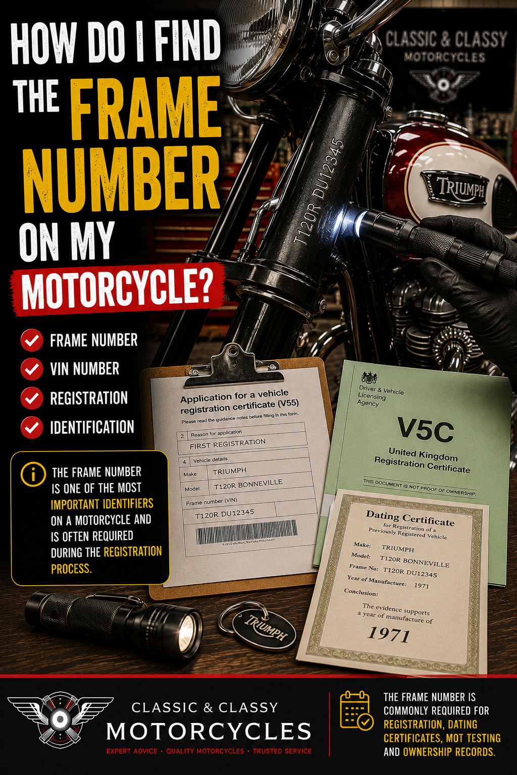 How do I find the frame number on my motorcycle