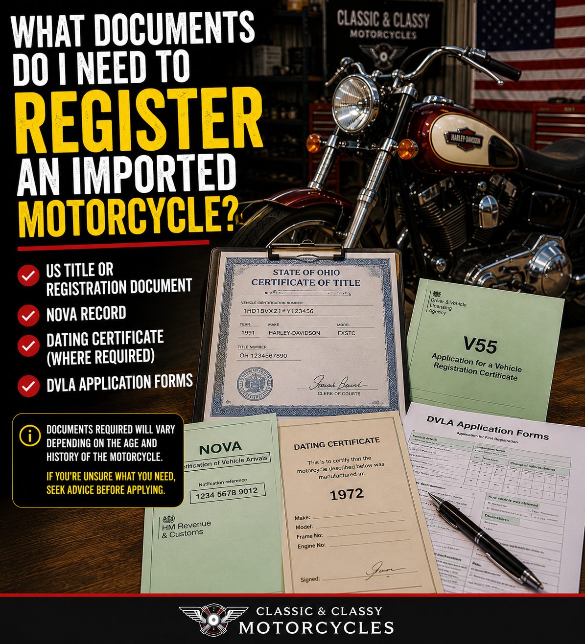 What documents do I need to register an imported motorcycle