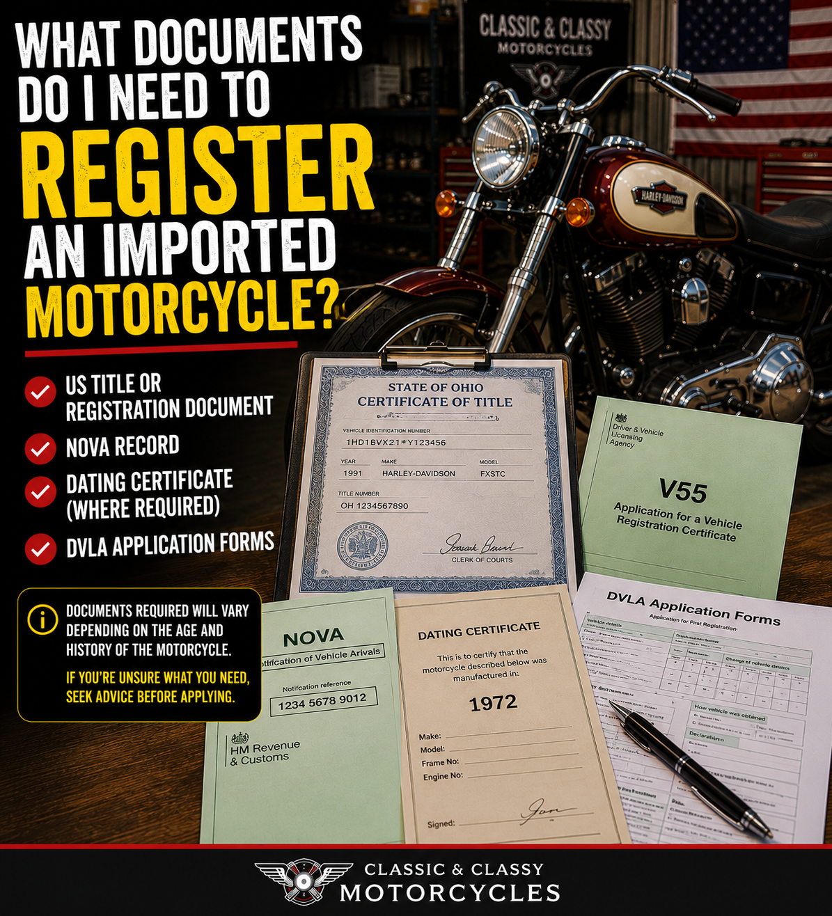 What documents do I need to register an imported motorcycle
