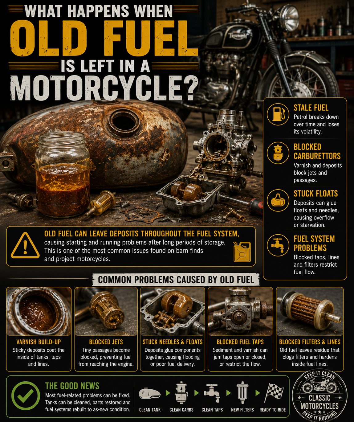 What happens when old fuel is left in a motorcycle