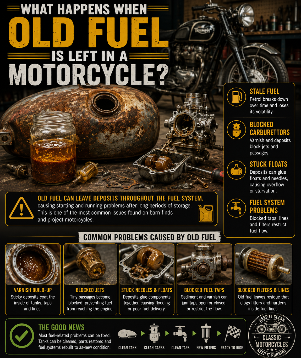 What happens when old fuel is left in a motorcycle