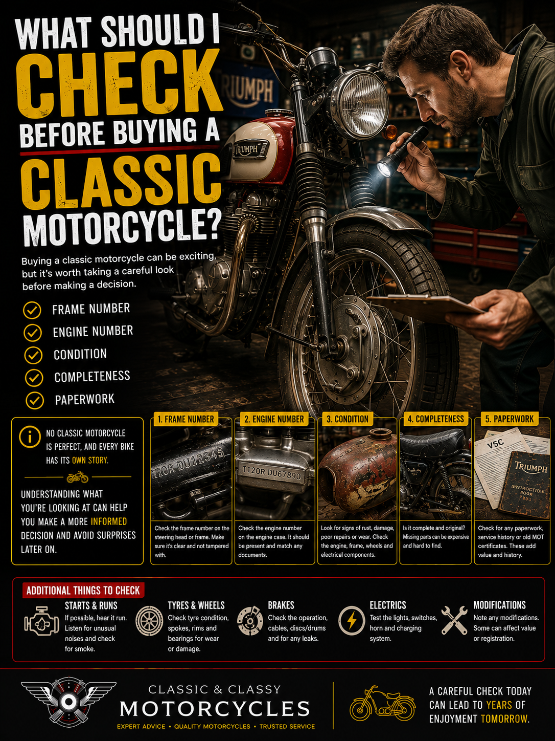 What should I check before buying a classic motorcycle