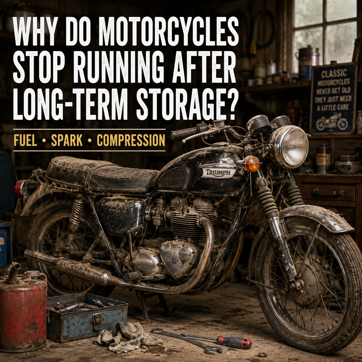 Why do motorcycles often stop running after long-term storage?